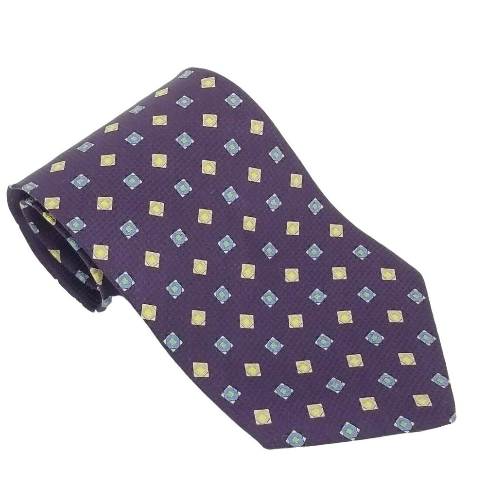 Izod Geometric Men's Silk Necktie Squares Purple Tan Blue Tie